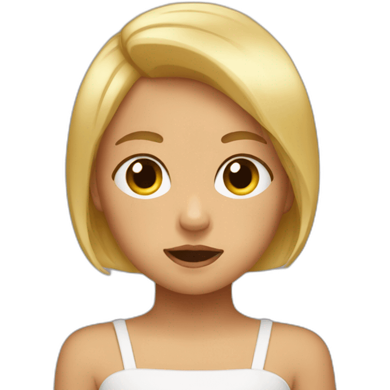 tanned blonde girl with bobbed hair miming a crying baby emoji