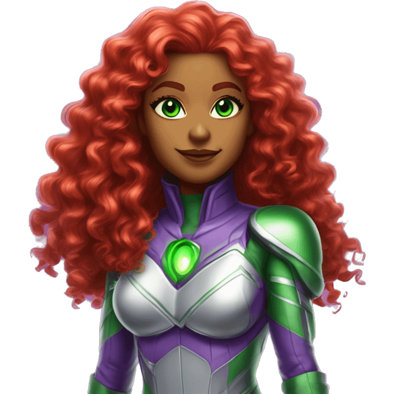 dc comics starfire glowing green eyes red curly long hair, purple and silver spacesuit with no helmet no green jewels emoji