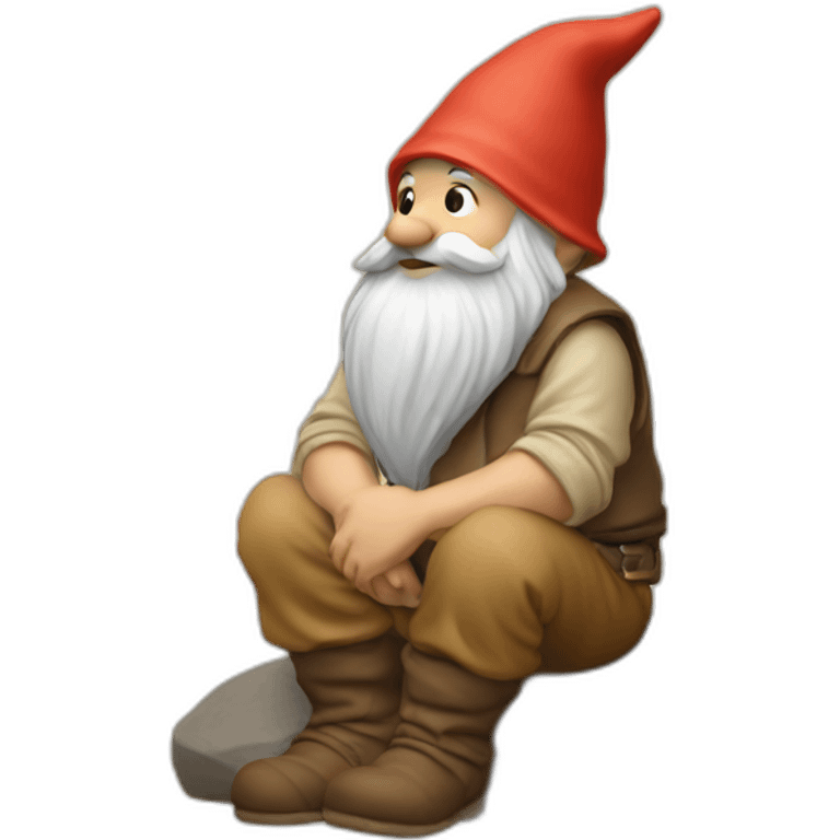 side view of gnome with tan pants sitting above a small brown stone emoji