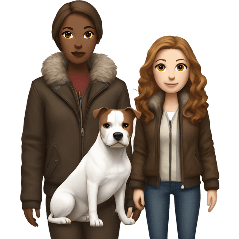 white woman with long brown hair in a furry jacket standing alongside a white pitbull emoji