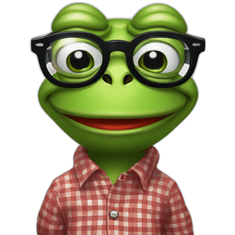 smiley face pepe the frog in black and red checkered shirt with square glasses for vision in cartoon style emoji