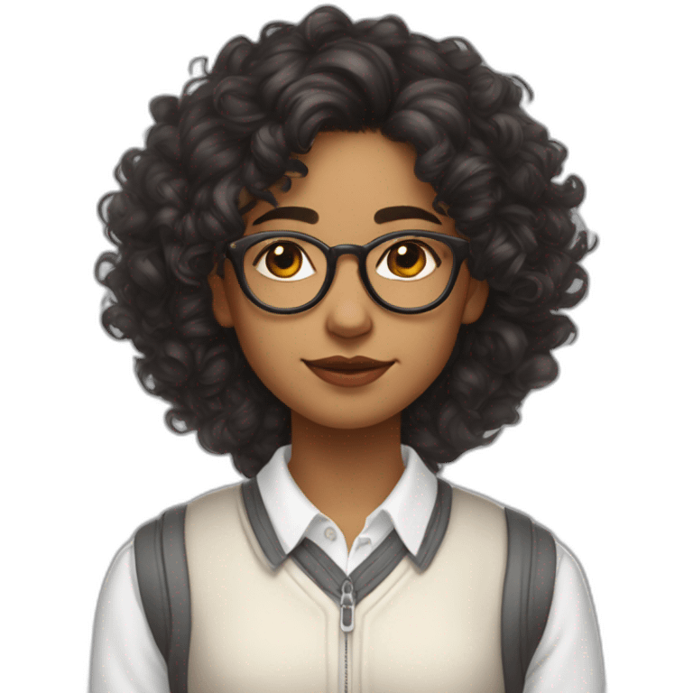 indian teenage girl with curly hair and glasses wearing a collared long sleeve white shirt under a white sweatervest emoji