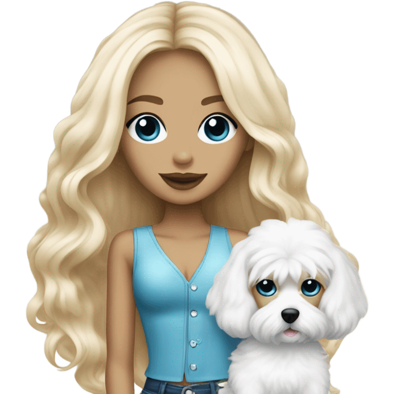 White Cute long haired Blonde and blue-eyed girl fashion nightclub outfit and holding white cavachon dog emoji