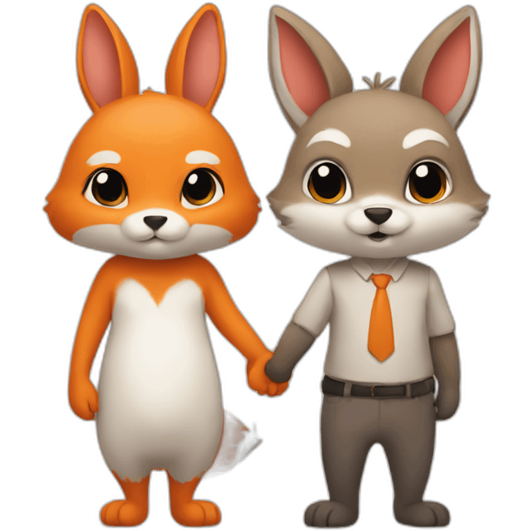 Bunny and a fox holding hands.  emoji