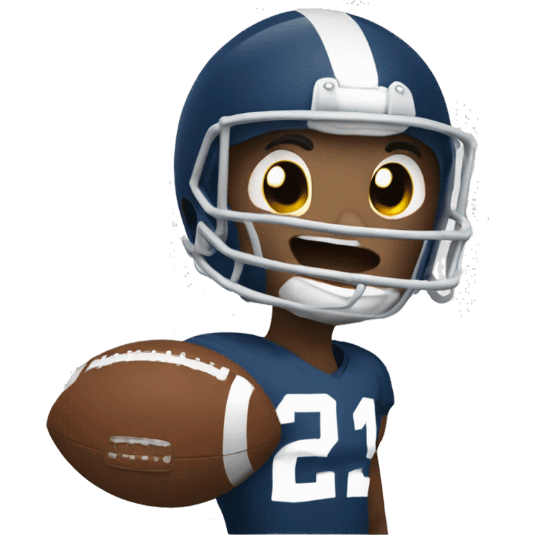 A football emoji wearing a tiny helmet and making a touchdown pose emoji