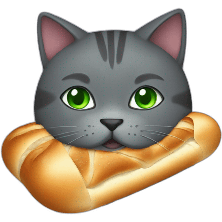 happy dark grey fat cat with green eyes and short tail eating a baguette emoji