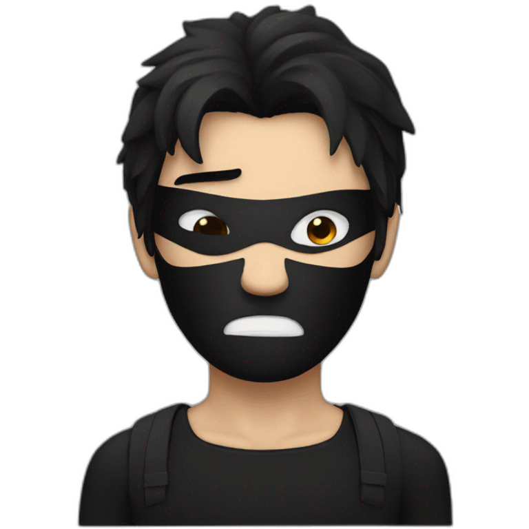 An angry man with black hair and a black mask and black clothes emoji