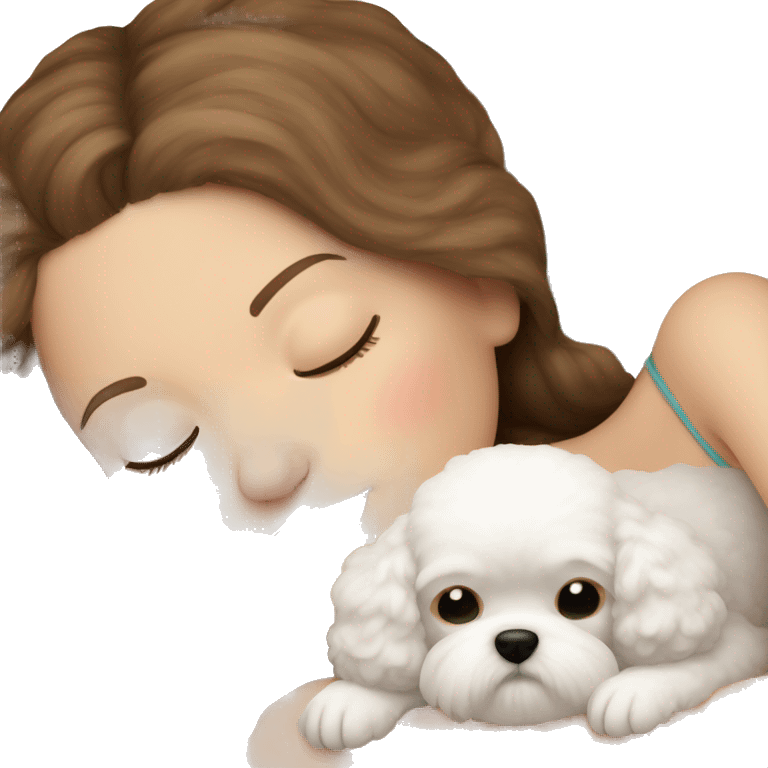 White girl brown hair sleeping with Mini Bichon emoji