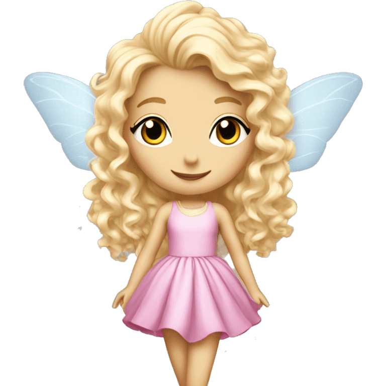 Fairy, a blonde hair with blue eyes and a pink dress with sparkly wings. White wings. The fairy has long, curly hair with a lot of volume emoji