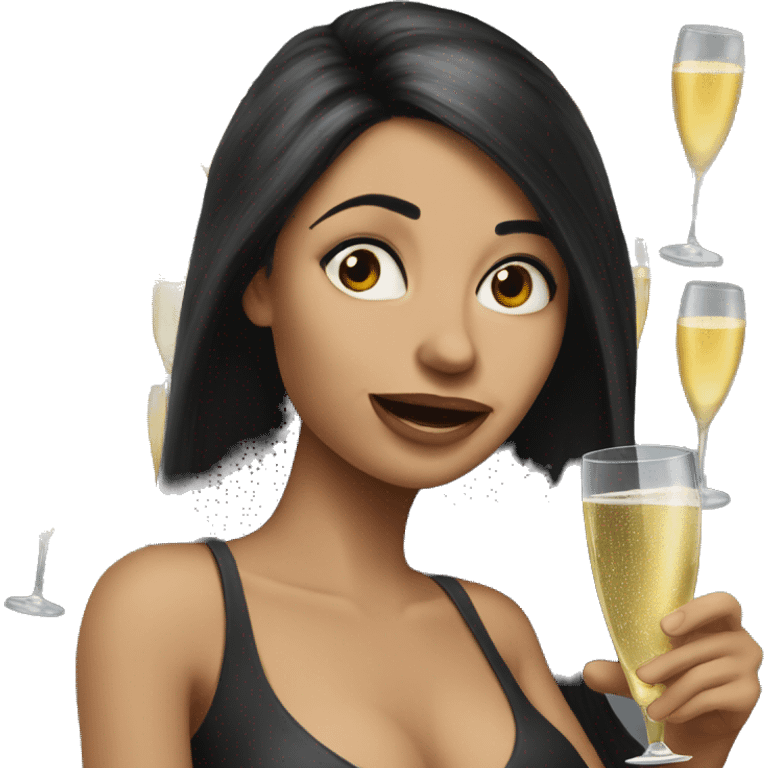 Hyperrealistic Funny woman with black long hair drinks champagne emoji