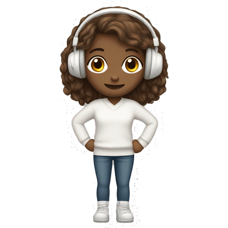 Brown long hair girl in a white sweater with white headphones  emoji