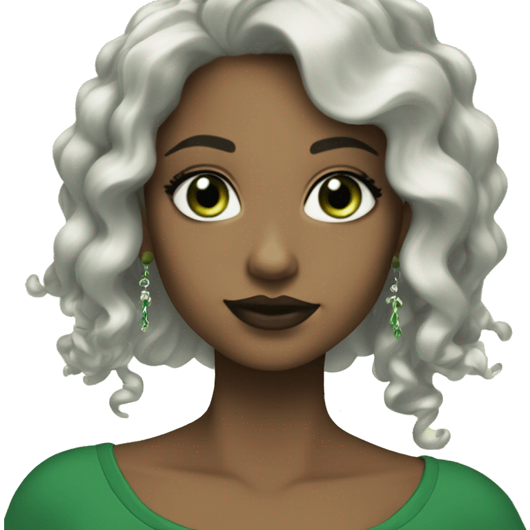 white with very green eyes and black long curly hair, and earrings, and green top, and mascara and lipstick emoji