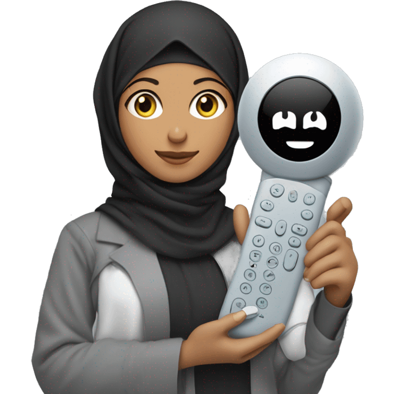 Hijabi girl holding  anki remote in one hand, computer  in the other hand  emoji