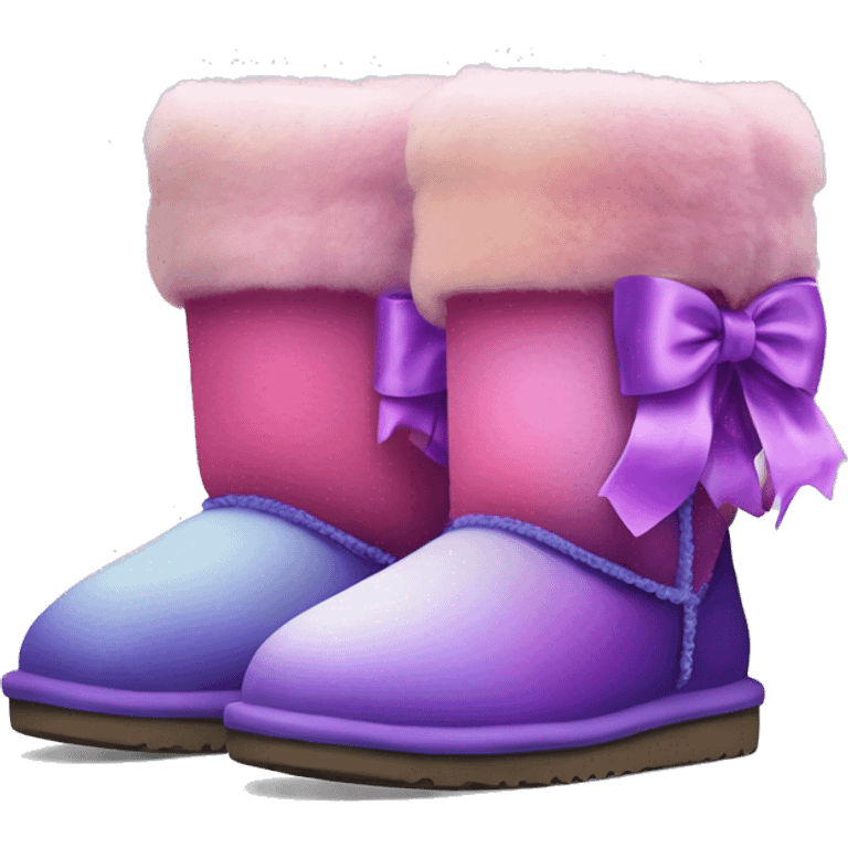 Realistic pair of pink to purple ombre fur Ugg boots with silk ribbon bows. emoji