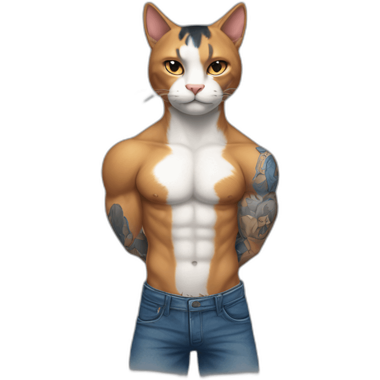 Meowscles is a muscular and humanoid calico cat without a shirt in blue jeans. He has a heart with "Lynx" written inside of it tattooed on his right bicep. emoji