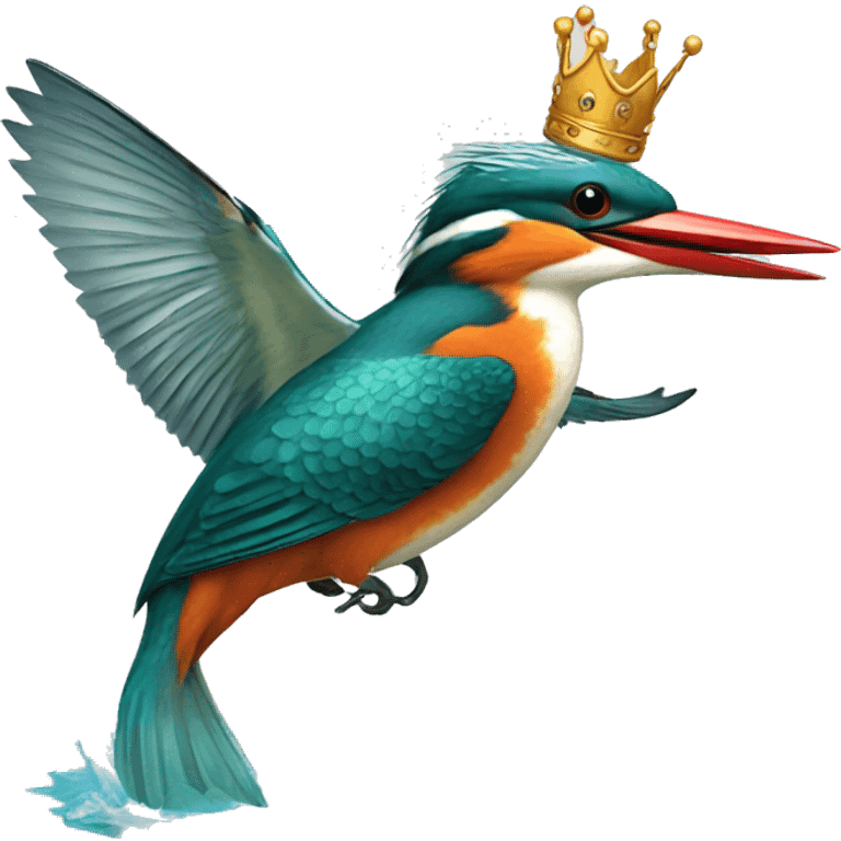  FLYING KING FISHER, WITH A FISH IN THE MOUTH ABOVE THE WATERS WITH A CROWN emoji