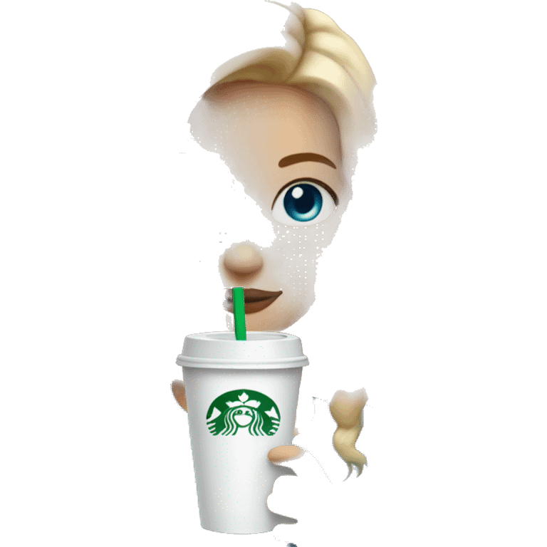 blonde girl blue eyes with Starbucks cup drink emoji