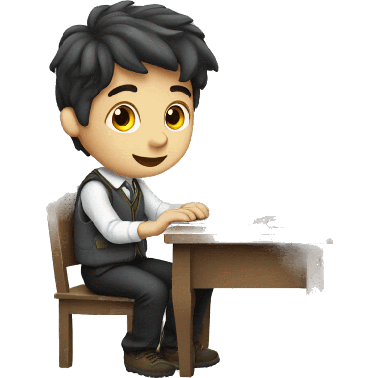 European schoolboy sitting at desk, working at computer emoji