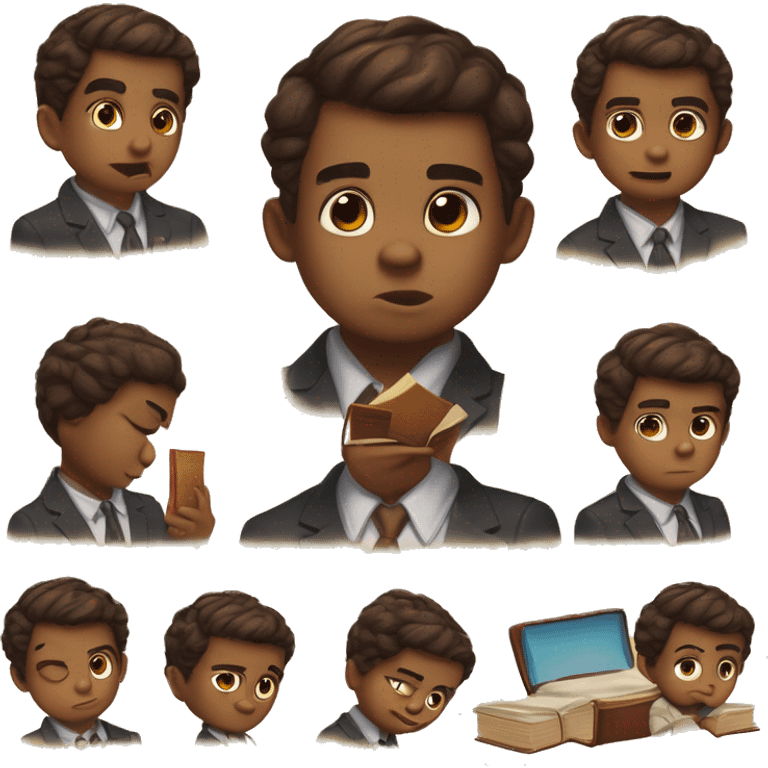 *i love you*, *angry*, *confused*, *cool*, *crying*, *party-time*, *reading a book*, *sleep in bed*, *wondering*, *hugging*. The character for the sticker set should be a brown eyed little boy in old-fashioned suit clothes emoji