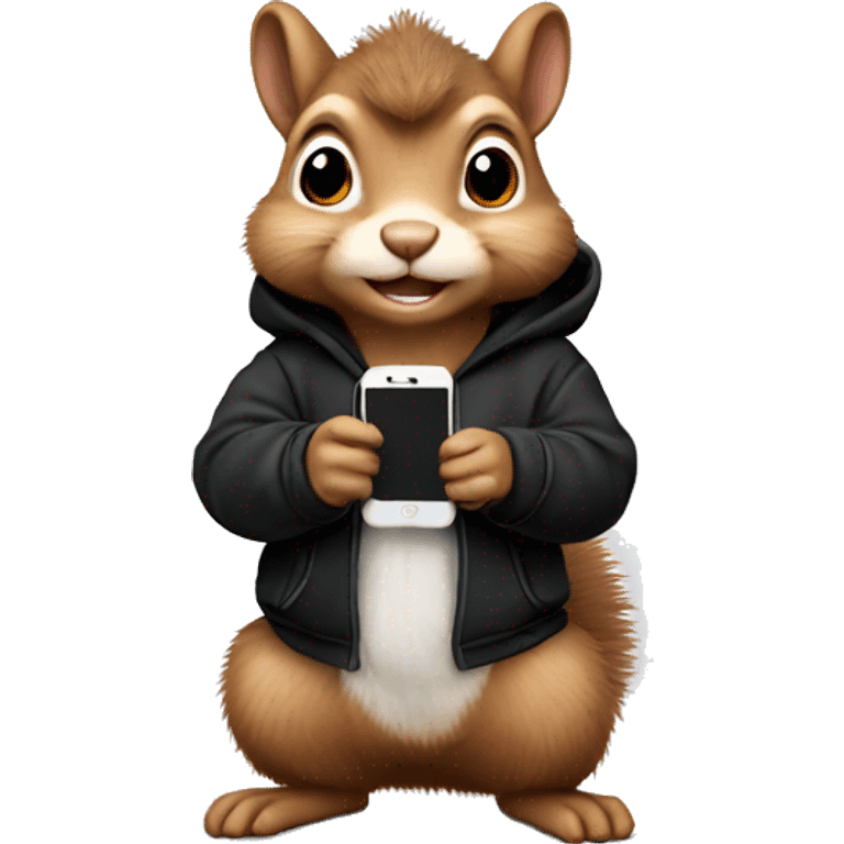 Cute realistic fluffy Squirrel with fluffy ears in black hoodie holding an iPhone  emoji