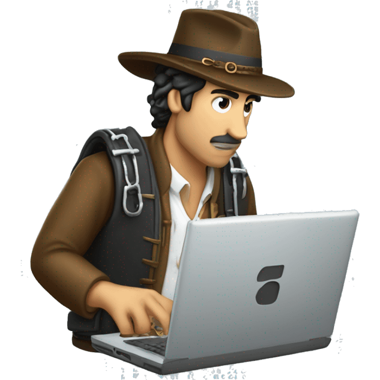 argentinian gaucho hacking computer code with a laptop inside curly brackets emoji