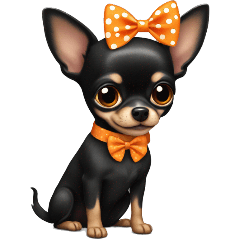 Fully Black chihuahua with orange polka dot bow emoji