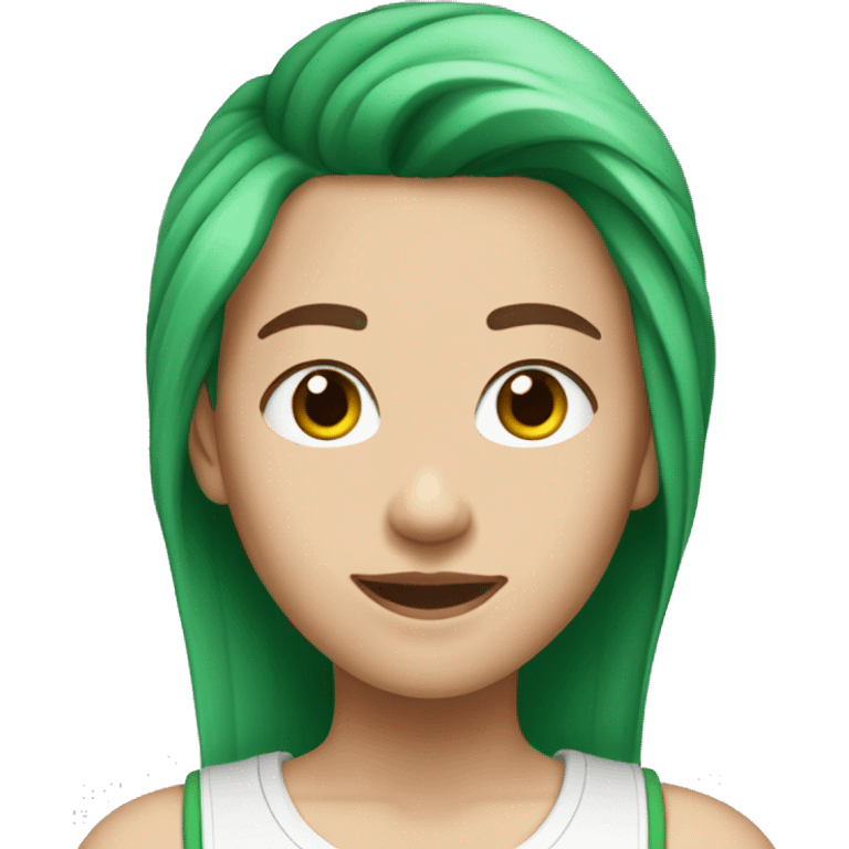 white skinned teenager with green hair in the front, brown medium size hair in back. wears sleeveless shirt emoji