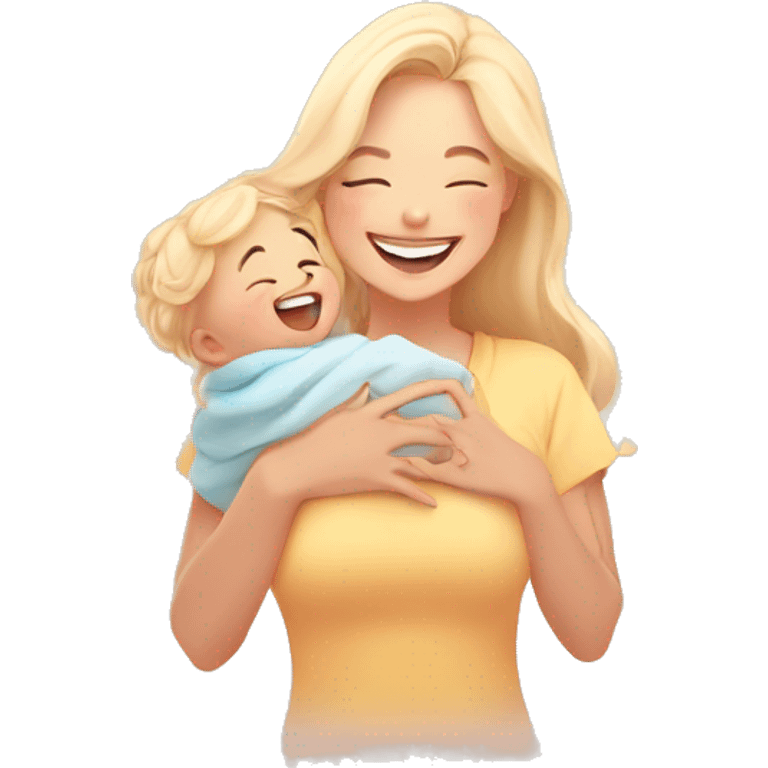 young mother with blonde hair, waist-up portrait, joyfully lifting baby in the air, smiling, soft lighting, kawaii style, chibi art style, emoji aesthetics, solid color background, minimalist, clean lines, vibrant colors, cute, wholesome emoji