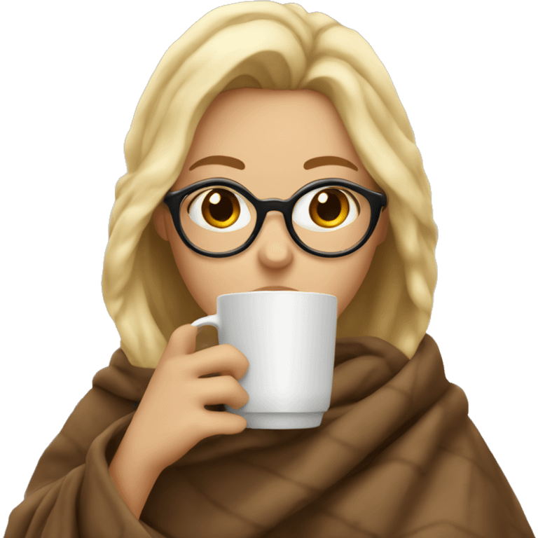 A blonde girl with brown glasses wrapped herself in a blanket and drinks coffee emoji