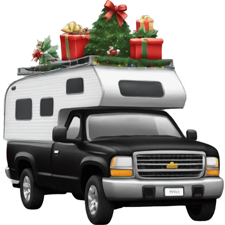 Black pickup truck with an camper attached with Christmas lights and decorations emoji