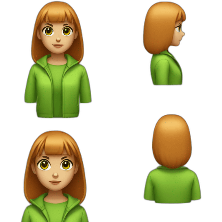 a evil young girl with slightly tanned skin.  straight bangs and dark hair.  she has bright green eyes and an orange coat emoji