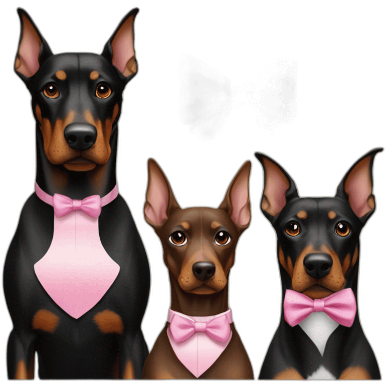 3-dobermans-including-one-white-with-a-pink-bow-tie-on-the-neck,-one-black-and-one-brown emoji