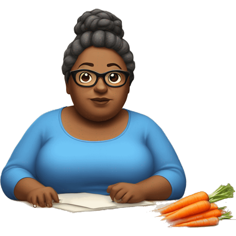 Fat lady with a brown bun in her hair with glasses and a blue long sleeve shirt staring at a carrot on a brown desk emoji