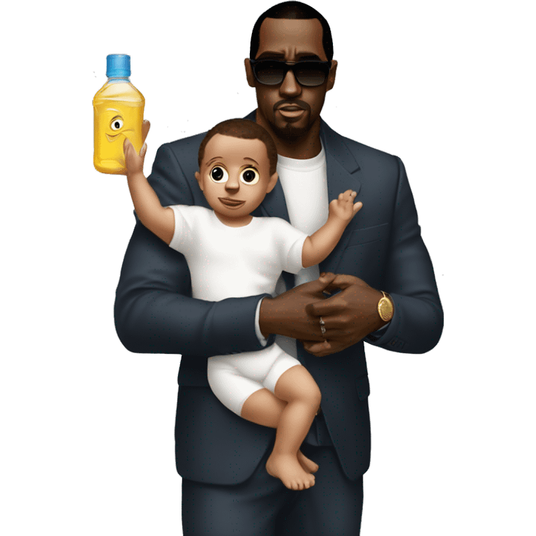 P-diddy carry a baby in his arm and hold a baby oil in his other arm emoji