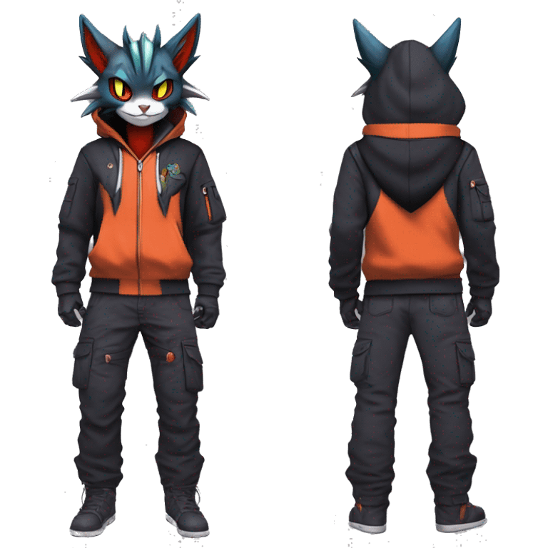 Cool Anthro Noivern-Litten-Vampiric-Pokémon with edgy stripes hoodie spiked collar punk techwear Cargo Pants Full Body emoji