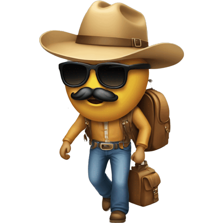  man with mustache &cowboy hat and sunglasses with a bagpack walking away emoji