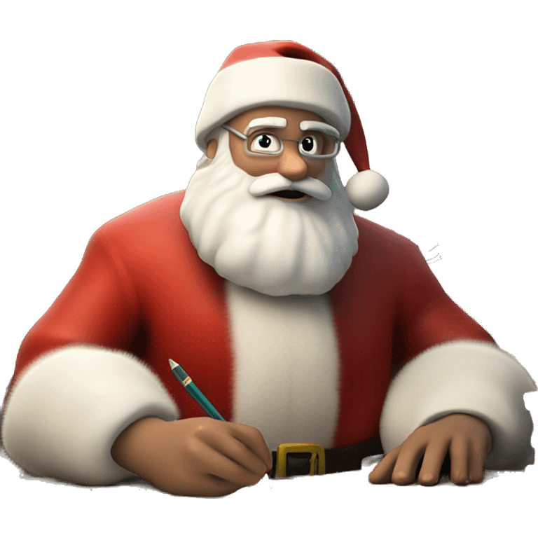 White Father Christmas with real hands is sitting on a desk, writing something down on a sheet of paper, solving complicated math puzzles, you can see the math tasks/ exercises emoji