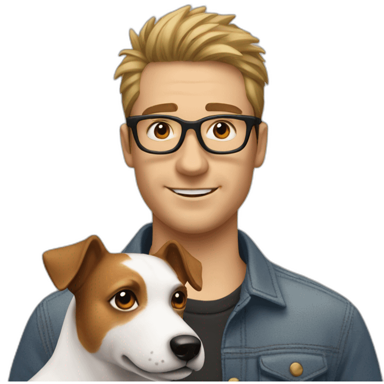 White Man with spiky hair with glasses with jack russell terrier dog emoji