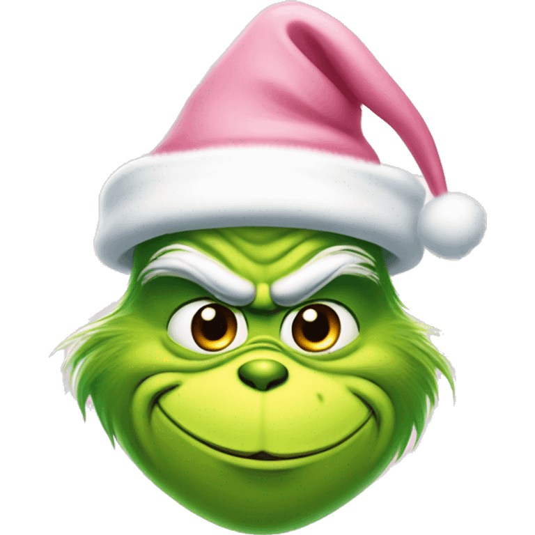 grinch face with a smirk wearing a light pink santa hat emoji