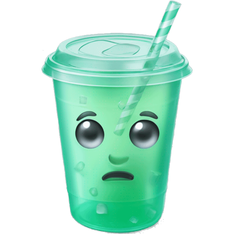 Realistic plastic cup and lid with Transluscent mint green and large ice cubes inside and one straw through the top of the lid. emoji