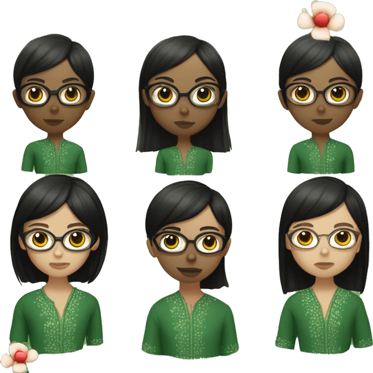 White skinny girl in a green kurta with flower design, glasses, alot of piercing, gay, red lips, nose ring, full body, short straight black edgar hair, black straight hair, front bangs emoji