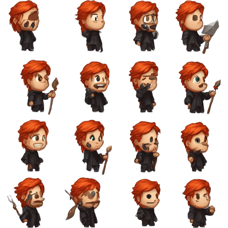 streamer emotes in the syle of male wizard from tibia mmropg, black outfit, red hair and rude  emoji