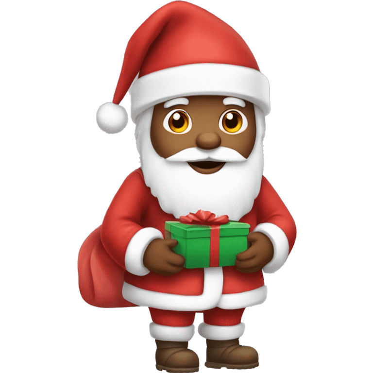 “An adorable full-body Santa in a red suit, fluffy white beard, rosy cheeks, big eyes, and a red hat with a white pom-pom, holding a small gift.” emoji