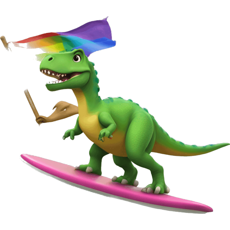 Rainbow dinosaur holding a pride flag while surfing emoji