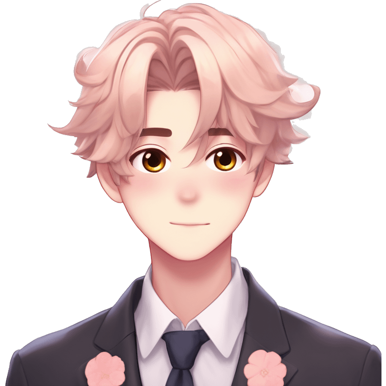 Gorgeous romantic hot attractive anime style modern gentlemanly anime shojo guy with pretty hair and flower petals and blushing face aesthetic trending style  pastelcore cottagecore kawaiicore emoji