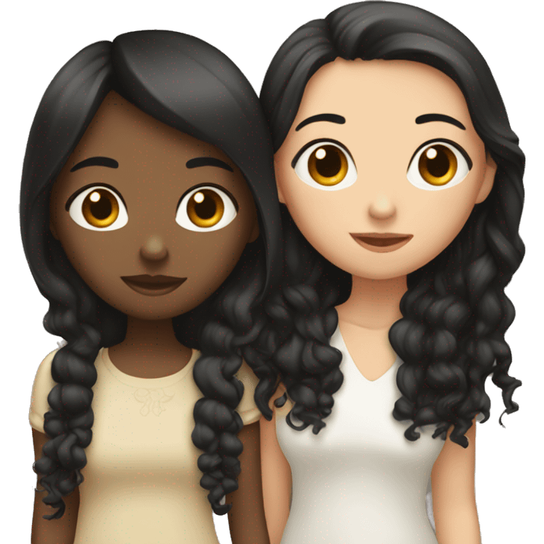 Two girls kissing. One is white with long black straight hair. One is white with short brown curly hair.  emoji