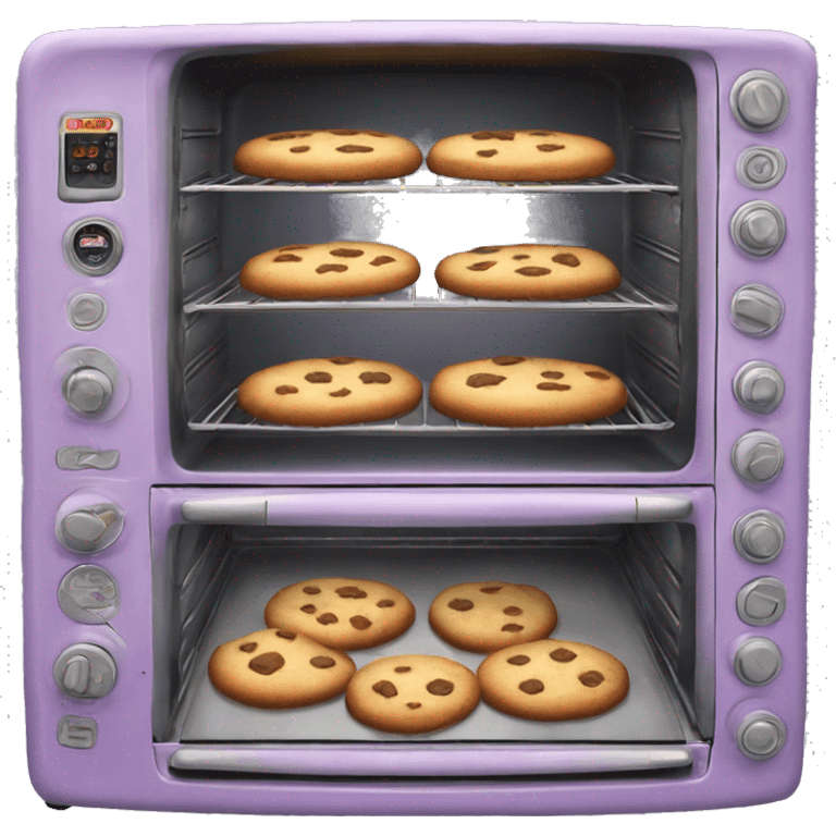 Realistic vintage  light purple oven with cookies baking inside of it. emoji