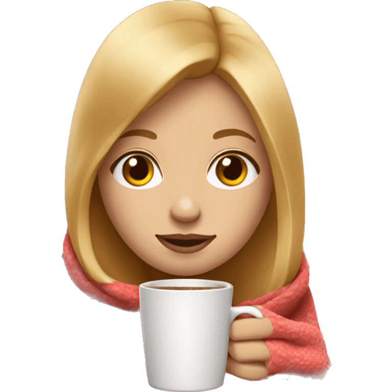 Strawberry blond girl with straight hair covered in a blanket, sipping coffee emoji