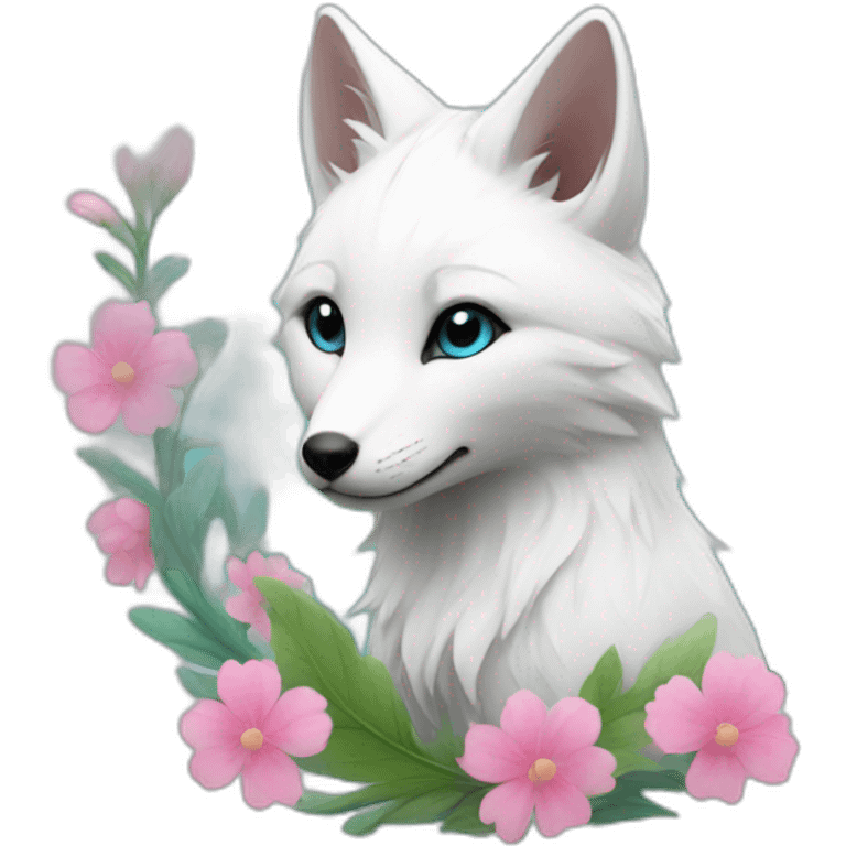 white fox with cyan hair on head and pink flower in it emoji