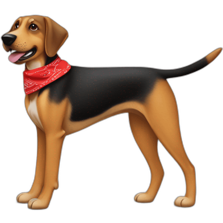 coonhound and German shepherd mix dog wearing small plain red bandana and walking left emoji